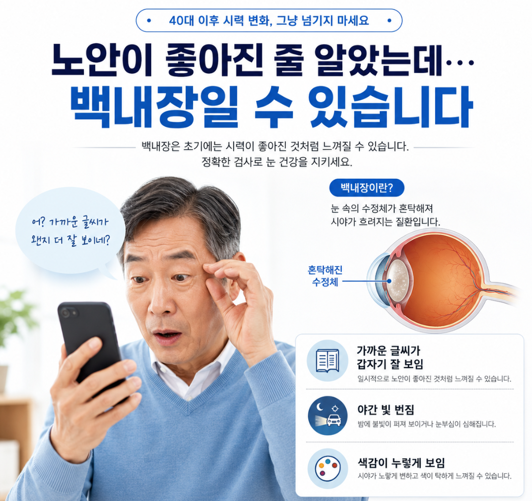 산본 백내장 수술 안과] 노안이 갑자기 좋아졌다면 백내장일 수 있습니다