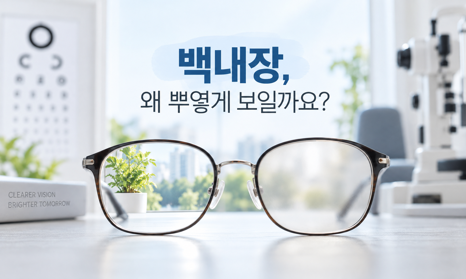 정상 수정체와 백내장 수정체에서 빛이 통과하고 산란하는 과정을 비교한 설명 그림