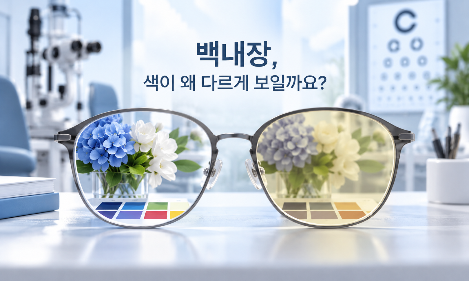 투명한 수정체와 황변한 수정체에서 청색 계열 빛의 전달이 달라지는 과정을 비교한 그림